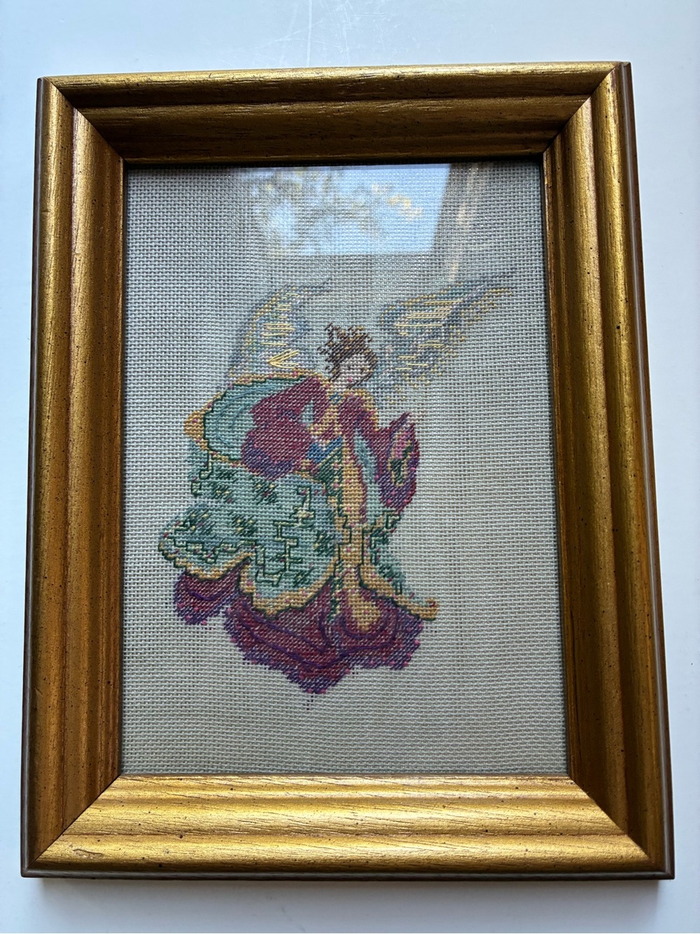 Vintage Needlepoint Tapestry Handmade Angel Framed Holiday Art